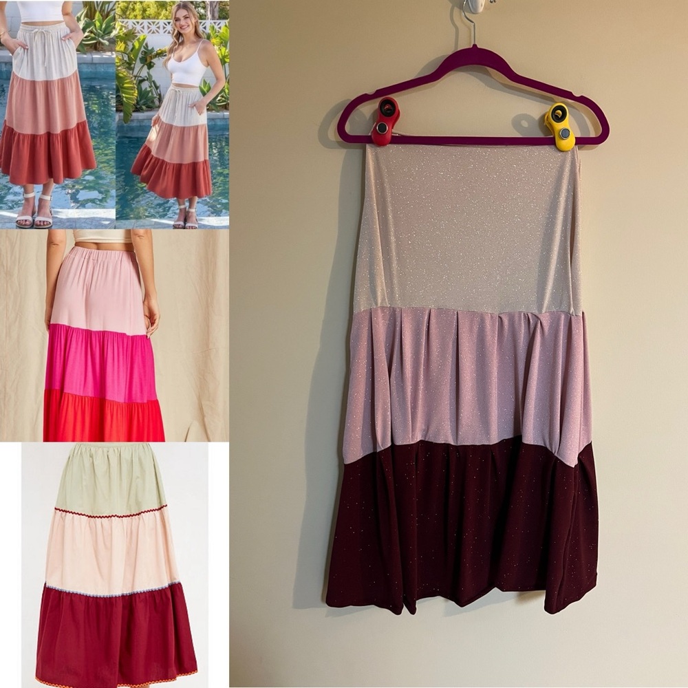 Vintage Y2K Midi Color Block Skirt - Maroon/Pink/Cream